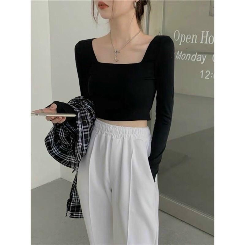 áo croptop cổ vuông tay dài chất thun borip cao cấp -N