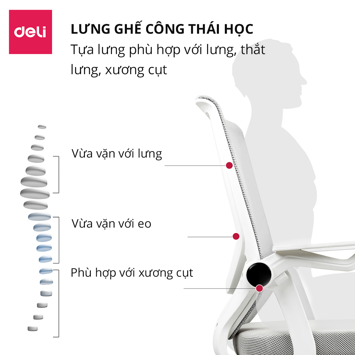 Ghế Xoay Văn Phòng Làm Việc Công Thái Học Gập Lưng Ghế Tiết Kiệm Không Gian Deli - Tay Gập Thông Minh, Lưới Thoáng Khí, Chân Xoay Tiện Ích, Đệm Ghế Êm Aí - Phù Hợp Học Sinh, Văn Phòng, Game Thủ, Gaming - Hàng Chính Hãng