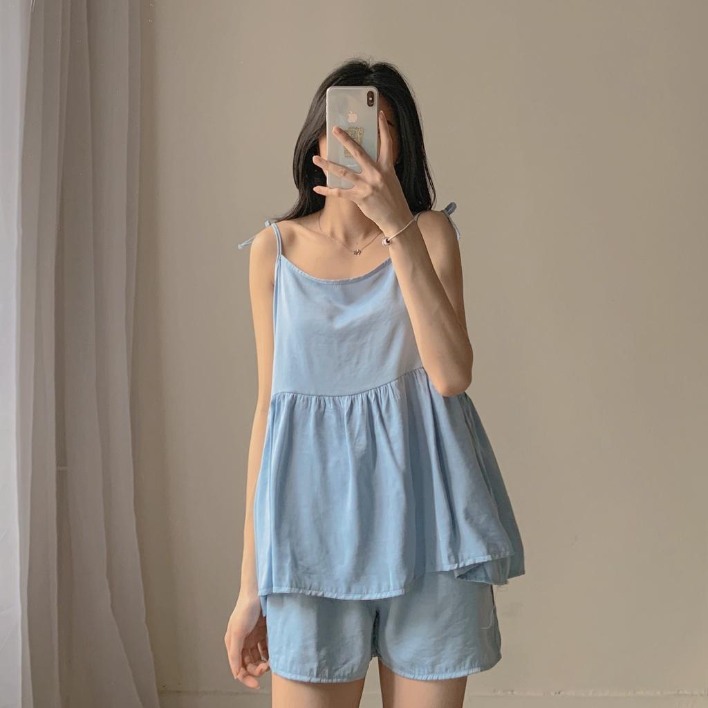 Set đồ ngủ áo 2 dây buộc nơ babydoll quần short đùi ống rộng, Pijama nhiều màu - Made by ToneOnTone TOT