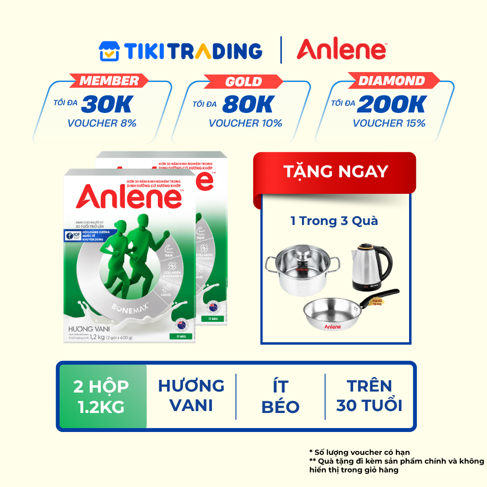 Combo 2 Sữa Bột Anlene Hương Vanilla Hộp giấy 1200g - Tặng Ấm Đun Điện Quang hoặc Chảo hoặc nồi hấp