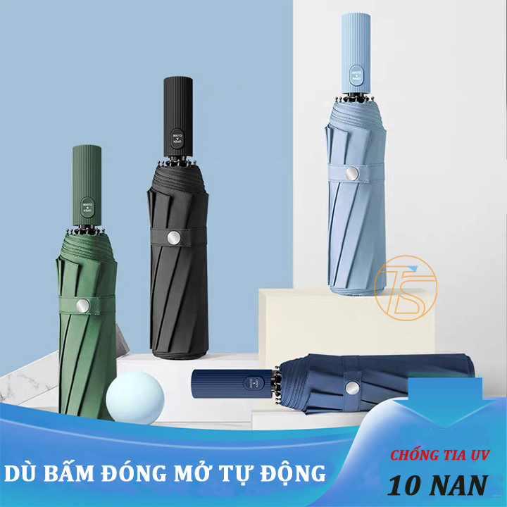 Dù Bấm 2 Chiều Xếp Gọn Đơn Sắc Mẫu Lớn 10 Nan Chống Tia Cực Tím, Tia Uv Nhiều Màu Lựa Chọn - Ô Bung Gấp Tự Động