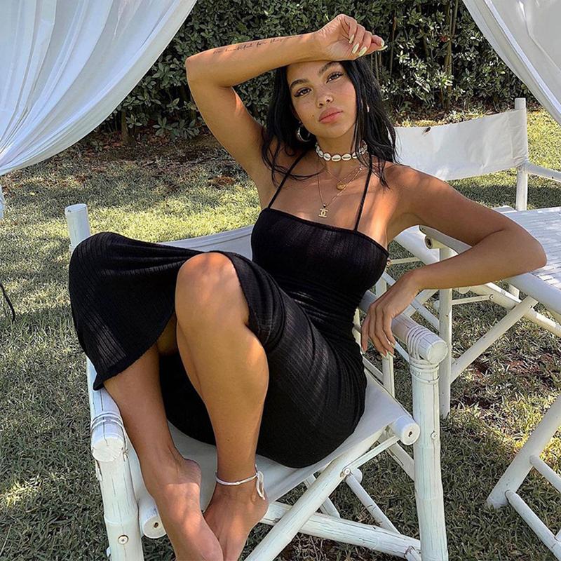 DISEYAR Dài Đầm Bodycon Sexy Đồ Phối Dây Đen Mùa Hè Áo Dạo Phố Hở Lưng Đầm Maxi Trang Phục 2021