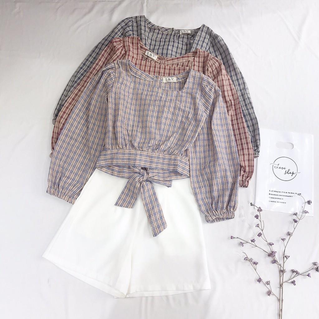 Áo caro nơ lưng tay dài cổ vuông Lovi