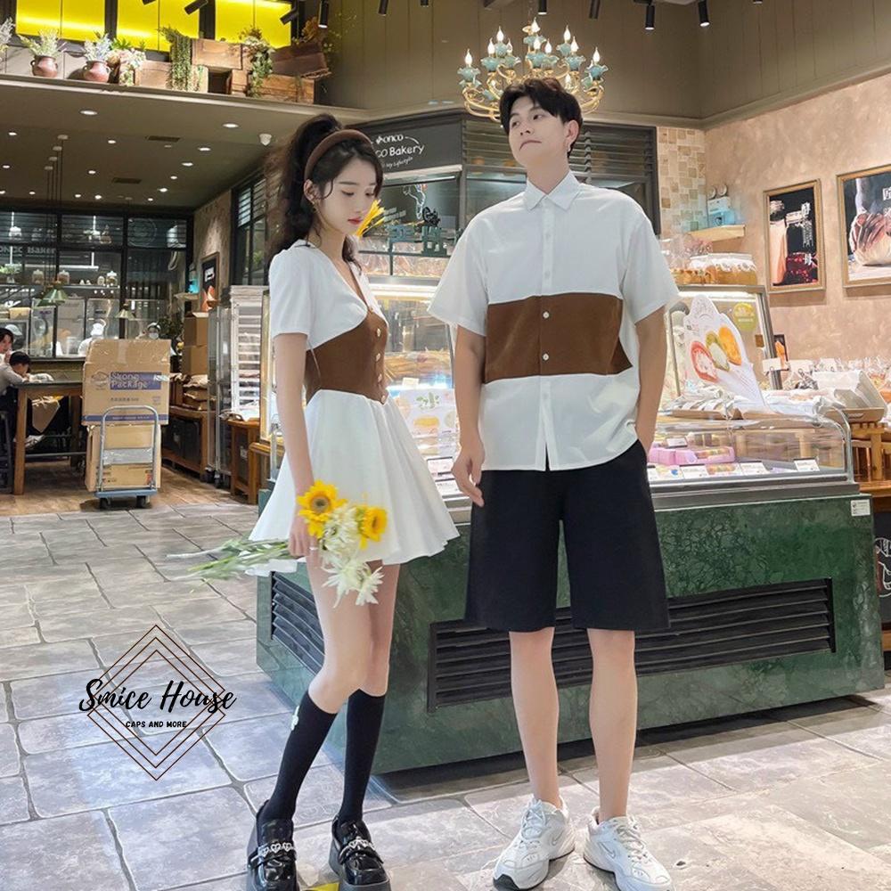 SET ÁO ĐÔI NAM NỮ CHỤP HÌNH CƯỚI ĐỒ CẶP ÁO SƠ MI NAM ĐẦM HÀN QUỐC MÀU TRẮNG