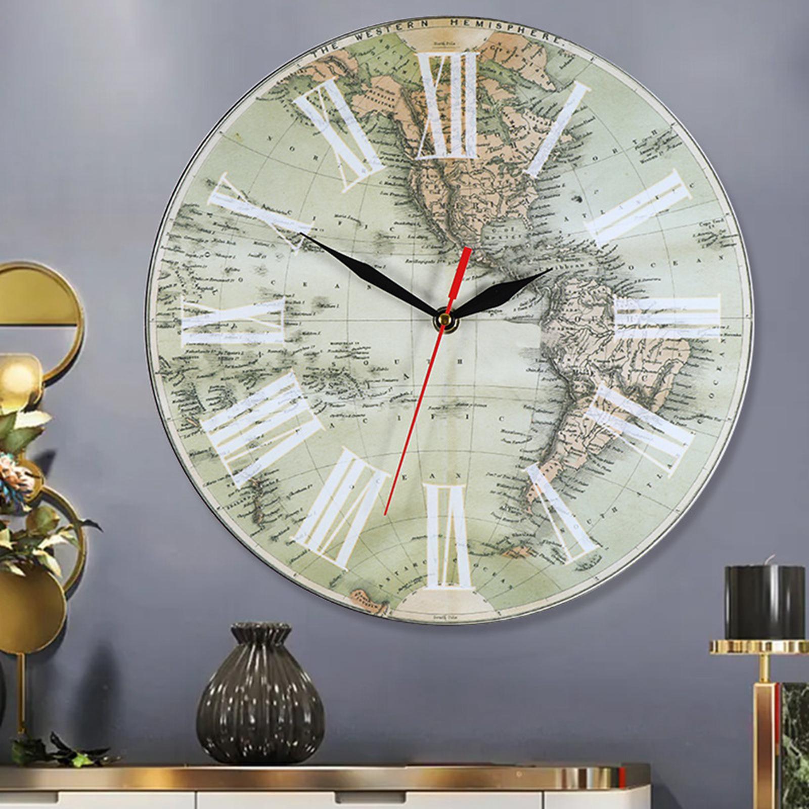 Old World Map Round Wall Clock Silent Non Ticking Battery Operated