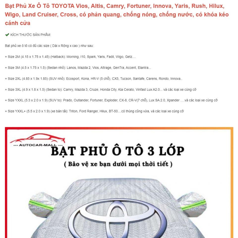 Bạt Phủ Xe Ô Tô TOYOTA Vios, Altis, Camry, Fortuner, Innova, Yaris, Rush, Hilux, Wigo, Land Cruiser, Cross,