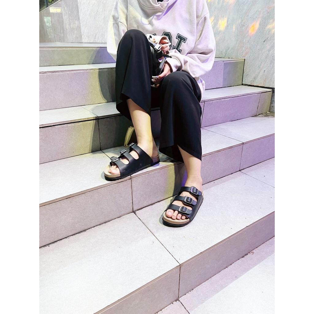 Dép đế trấu birken nam nữ unisex quai ngang 3 khóa da tổng hợp size 35 - 43 chính hãng Hishoo S092