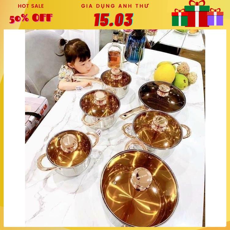 Set Bộ nồi Đức 5 đáy Yimeitai gồm 6 món lắp hợp kim vàng dùng cho mọi loại bếp điện, bếp từ, bếp ga