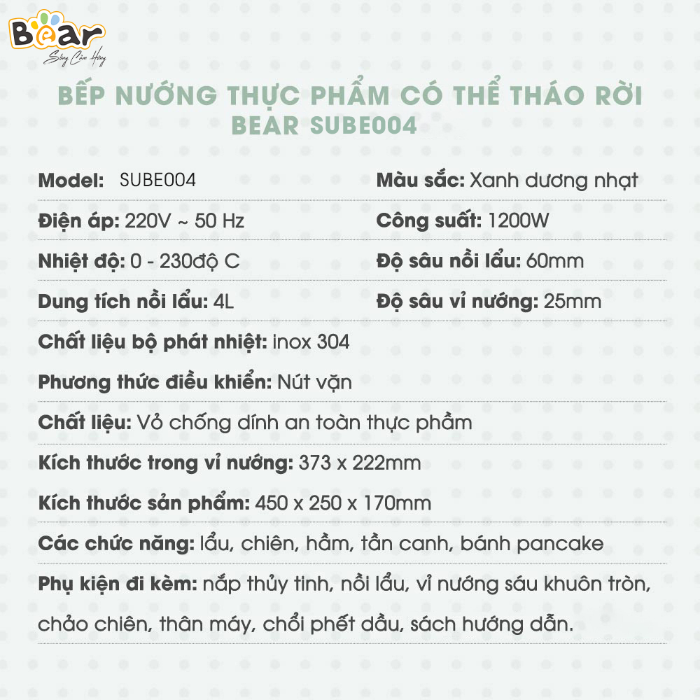 [Hàng Chính Hãng] Nồi Lẩu Nướng 3 Khay Đa Năng (3 in 1) Bear SUBE004, khay lẩu 4 lít, khay bánh 6 khuôn nhỏ tròn, khay nướng thịt với công suất 1200W, có thể tự điều chỉnh nhiệt độ và tăng nhiệt nhanh chóng với mức lửa lớn