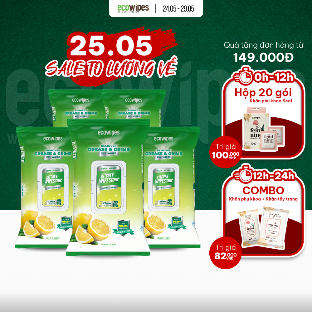 Combo 05 gói khăn giấy ướt lau bếp Kitchen Wipes gói 42 tờ làm sach khử mùi nhanh chóng