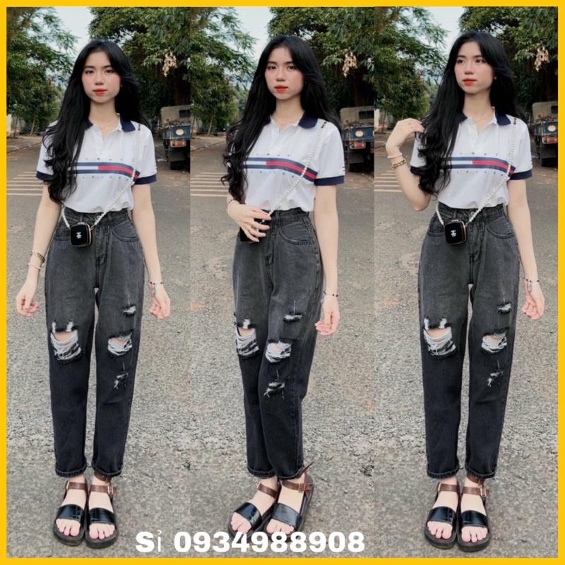 (kèm ảnh thật) Quần jean baggy nữ rách 2 bên màu xám loang mẫu mới H.N.M STORE