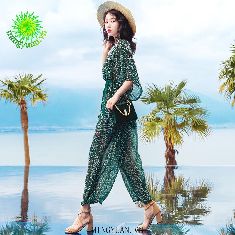 Bộ Áo Liền Quần Cổ V In Hoa Xinh Xắn Cho Nữ
