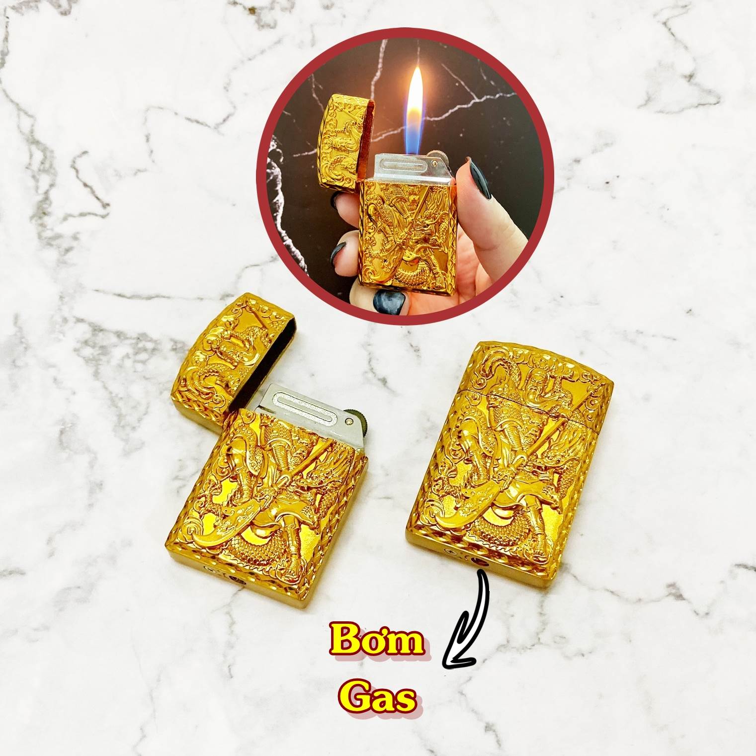 GKNQC - BẬT LỬA GAS ĐÁ KHẮC NỔI HÌNH QUAN CÔNG VÀNG -