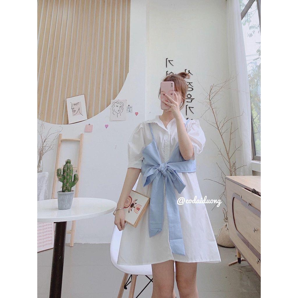 Bộ Đầm Sơ mi Nữ Phối Yếm Nơ Cúc Cài Cộc Tay 3 Màu Q073