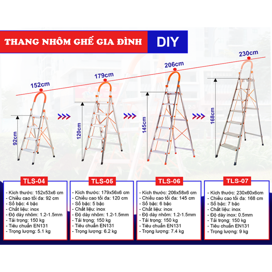 Thang ghế Inox 5 bậc 120cm DIY TLS-05 Hàng chính hãng - Tiêu chuẩn EN131