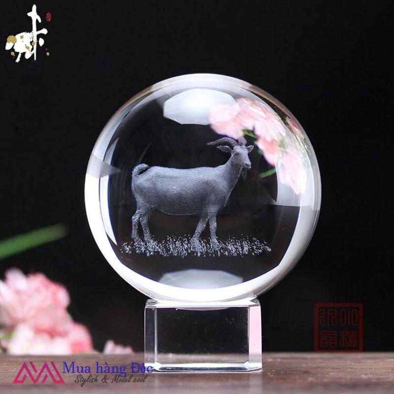 Bộ Quà Tặng Quả Cầu Pha Lê 3D larser LED 12 Con Giáp Tuổi Mùi