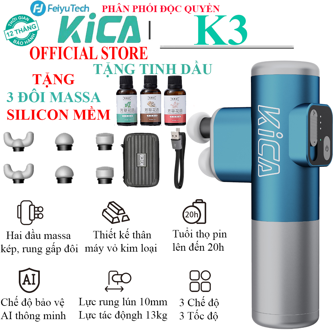 MUA 1 ĐƯỢC 5 - Máy massa cầm tay KICA 3 Thiết kế thân máy kim loại nguyên khối chắc chắn, động cơ không chổi than chống ồn tốt, sử dụng HAI đầu massa kép cùng với 3 đôi massa silicon mềm vói tốc độ rung 2600v/p lực tác động 13kg, tuổi thọ pin sử dụng 20H