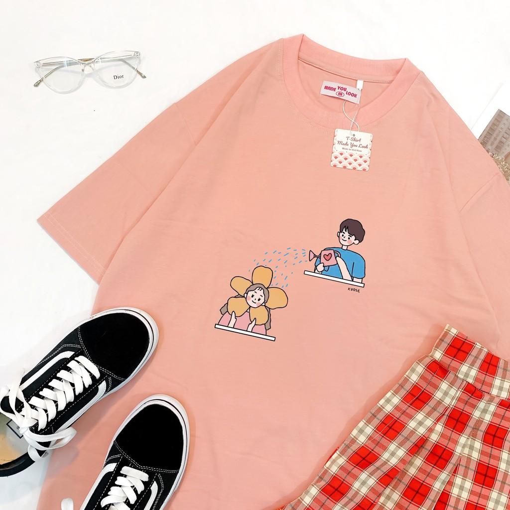 Áo Thun Tay Lỡ Unisex Couple Tưới Hoa Form Rộng