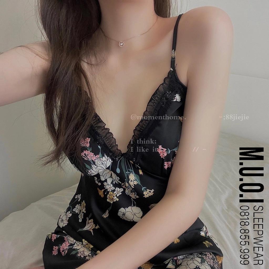 Váy ngủ lụa hoa ban xẻ đùi sexy kèm mút ngực 2021️️Đầm mặc nhà gợi cảm QUẢNG CHÂU Muối store V59( video- ảnh)