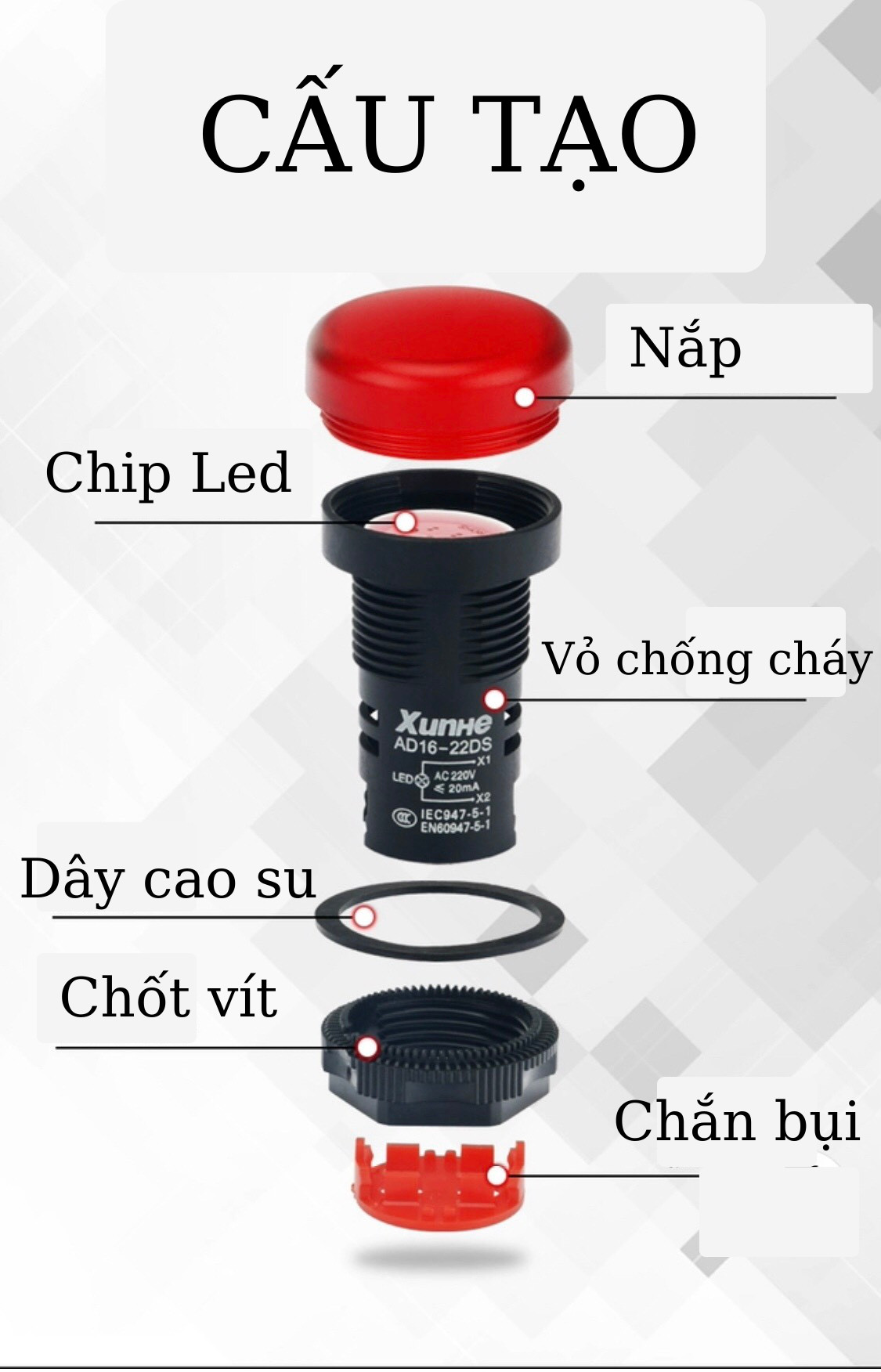 Đèn báo pha phi 22 loại tốt 220v, đèn báo tủ điện Đèn báo pha, đèn báo tủ điện phi 22