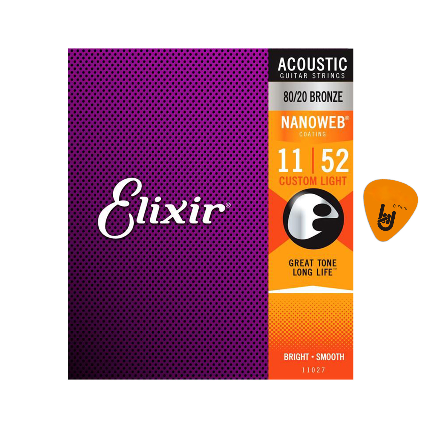 Elixir 11027 - Dây Đàn Acoustic Guitar Cỡ 11 (.011-.052) - 80/20 Bronze Strings Custom Light - Phân Phối Chính Hãng (Bộ Dây phủ lớp Nanoweb cao cấp) - Kèm Móng Gảy DreamMaker