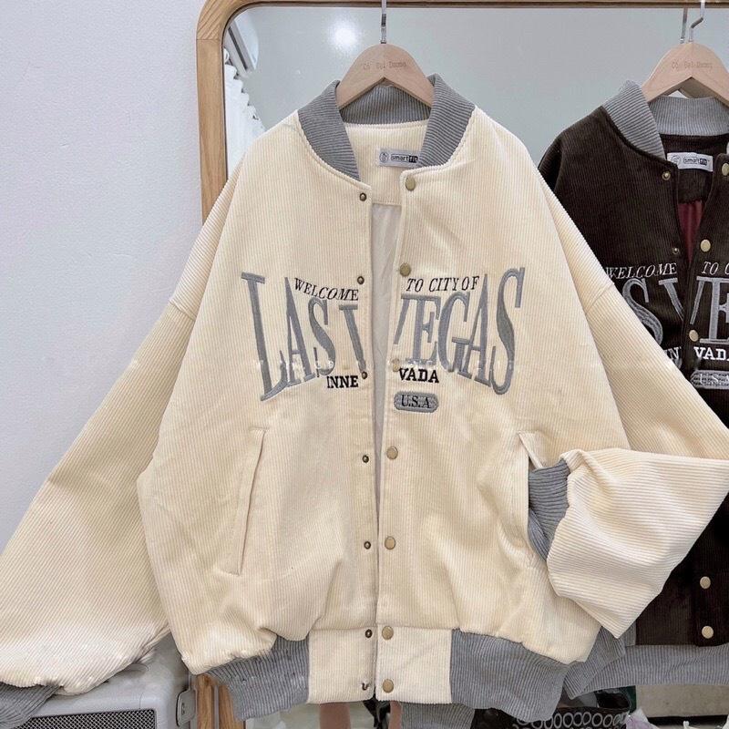 Áo Khoác Bomber Thêu LOGO LASVEGAS Chất Nhung Tăm 2 Lớp Form Rộng Unisex Nam Nữ 4 Mùa Ulzzang NUPAKACHI