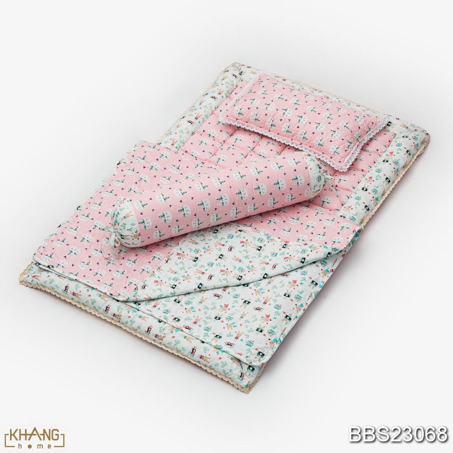 Bộ Nệm Trẻ Em Chần Bông Cho Bé Đi Học Khang Home Baby Safety BBS23 80x125cm - 100% Cotton Thiên Nhiên - Giúp Bé Ngủ Thẳng Lưng Không Cong Vẹo Cột Sống