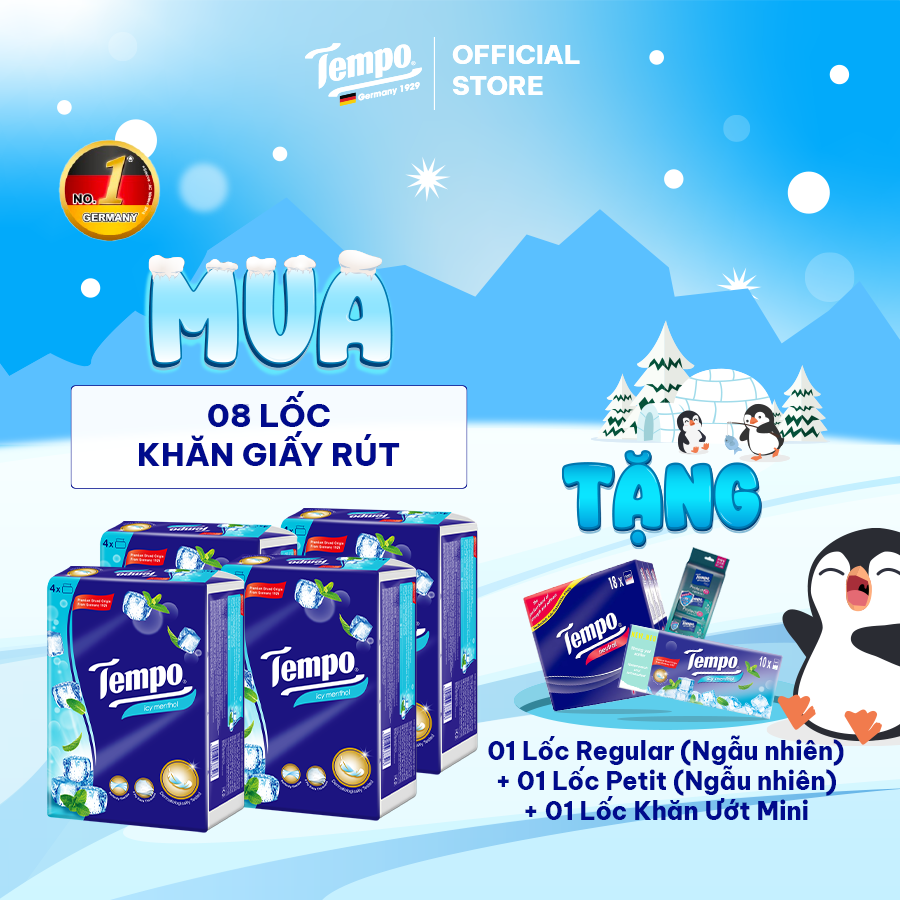 [MUA 8 LỐC TẶNG 1 LỐC, 1 GẤU CAPY, 1 BĂNG ĐÔ THỎ] Khăn giấy rút cao cấp Tempo  - 4 lớp bền dai, an toàn cho da - Thương hiệu Đức (Lốc 4 gói)