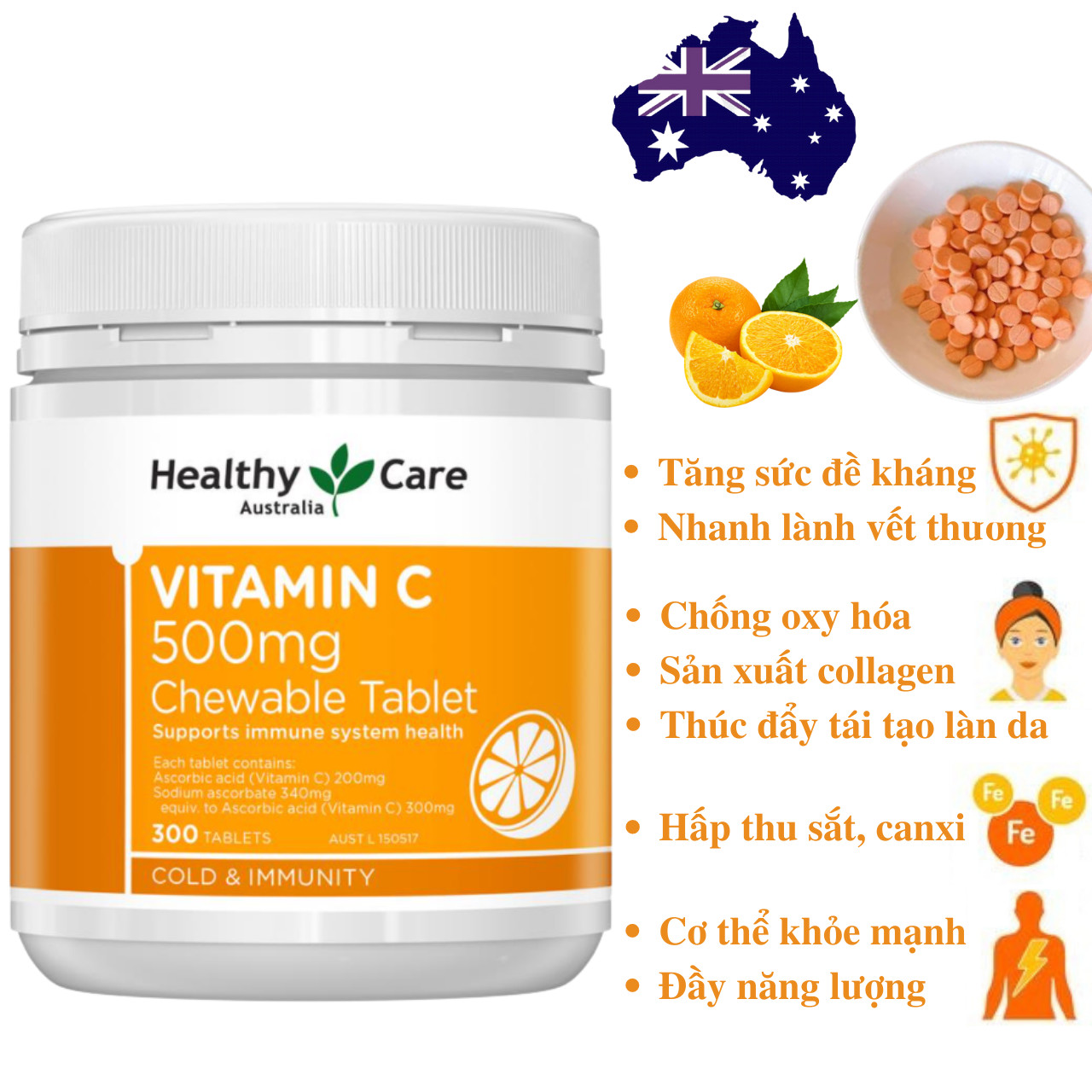 Vitamin C Úc Healthy Care 500mg Giúp Tăng Sức Đề Kháng và Hệ Miễn Dịch, Trắng Sáng Da Đẹp Da - 500v (ngậm)  - QuaTangMe Extaste