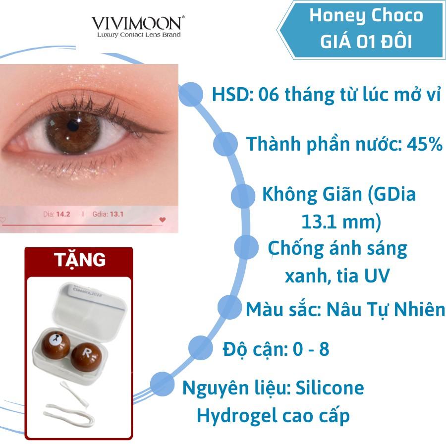 Lens Cận Màu Nâu Tự Nhiên Cho Mắt Thở Honey Choco VIVIMOON Và Bộ Ngâm Lens Nhỏ Mắt B5