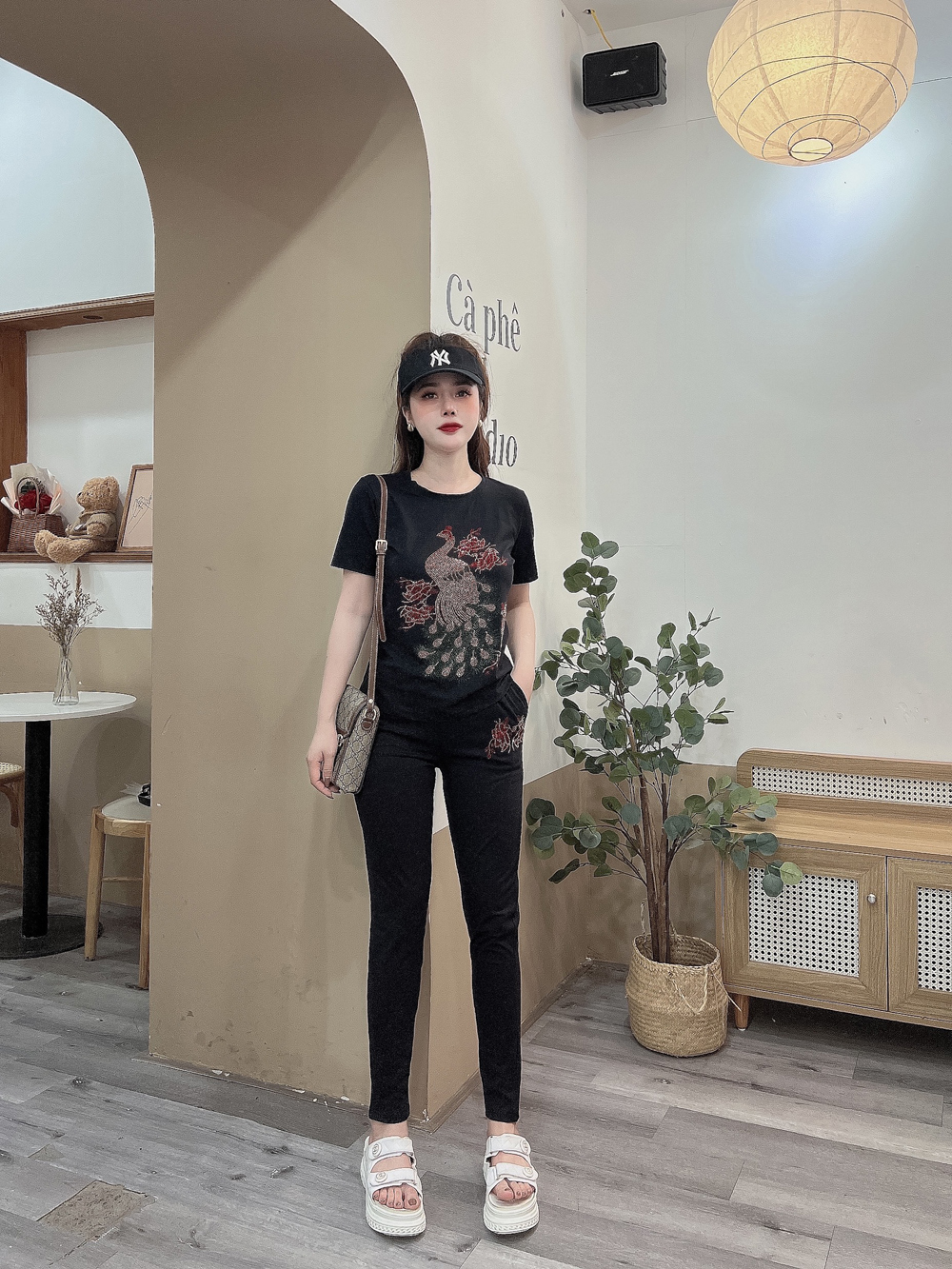 Đồ bộ thun cotton dài đính đá hình chim công siêu sang