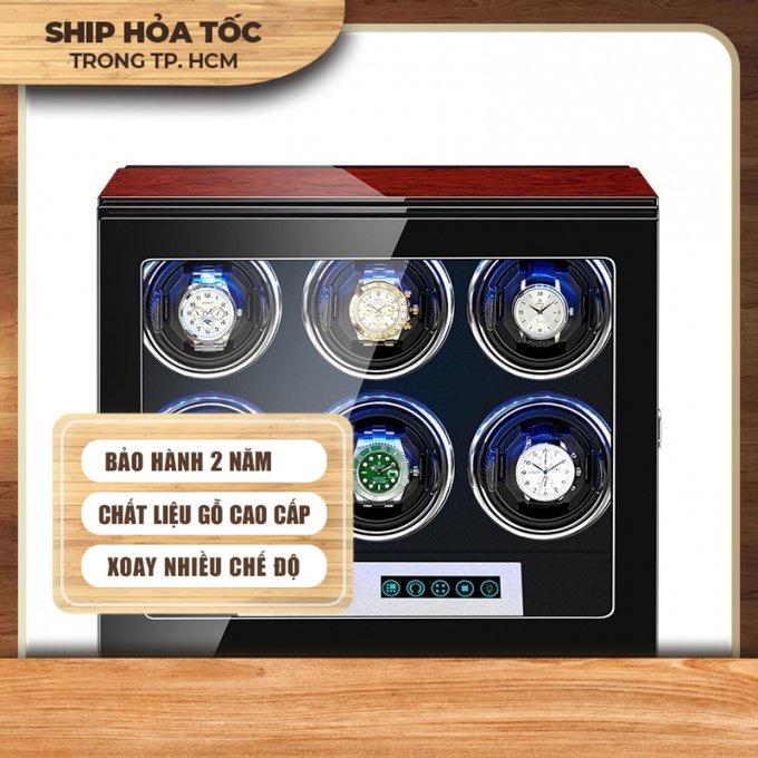Hộp đựng đồng hồ cơ xoay 6 cái cao cấp có led 0168