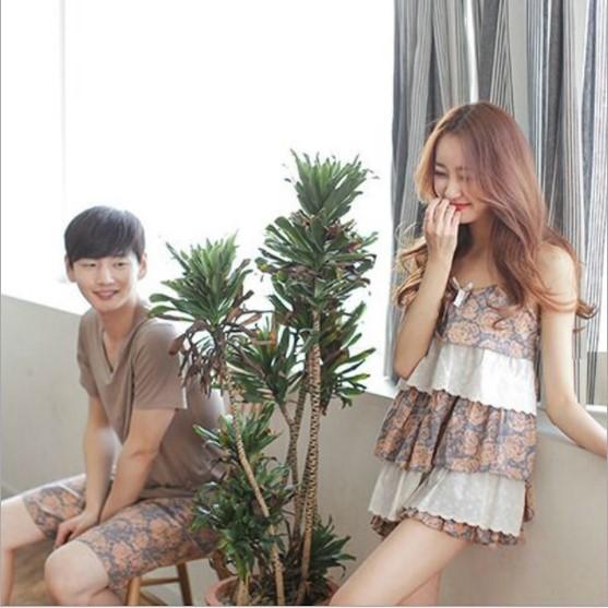 Set đồ ngủ đôi short họa tiết hoa hồng nâu dành cho cặp đôi siêu dễ thương S021