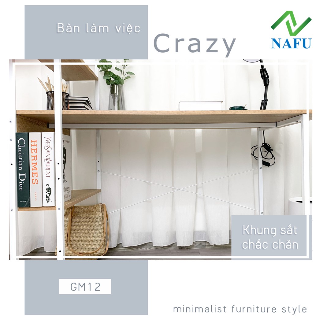 Bàn Học, Bàn Làm Việc Crazy Có Ngăn Để Máy Tính Kết Hợp Giá Sách Thông Minh NAFU GM12