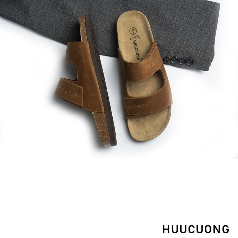 Dép nam Huucuong dập chỉ da bò nâu đế trấu handmade