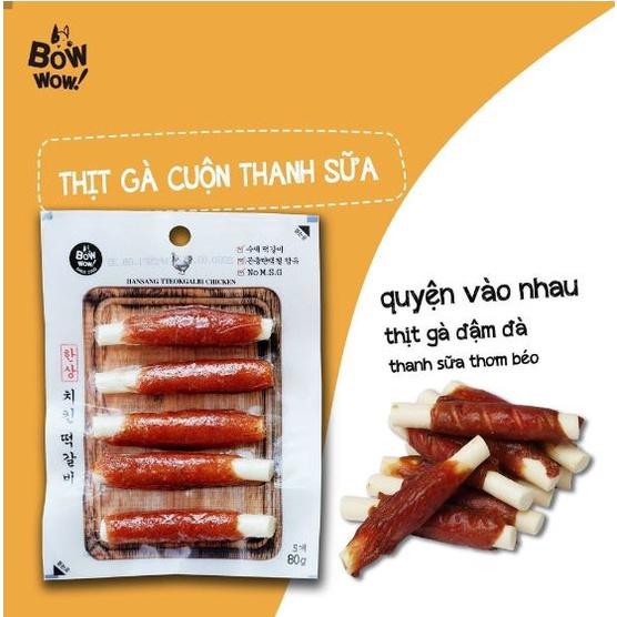 Thịt gà cuộn thanh sữa. Thanh gặm cho chó Bow wow thịt gà vịt heo cuộn que sữa. Bánh thưởng sạch răng cho cún. 80g