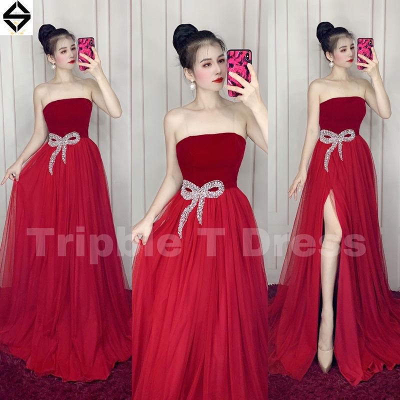 Đầm maxi dự tiệc cúp nhung xẻ đùi kết cườm nơ lấp lánh eo TRIPBLE T DRESS - MS204Y - size S/M/L