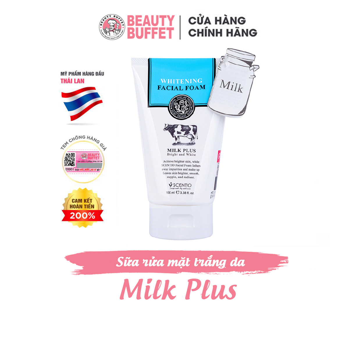 Sữa Rửa Mặt Tạo Bọt Dưỡng Trắng Và Trẻ Hoa Da Beauty Buffet Scentio Milk Plus 100ml