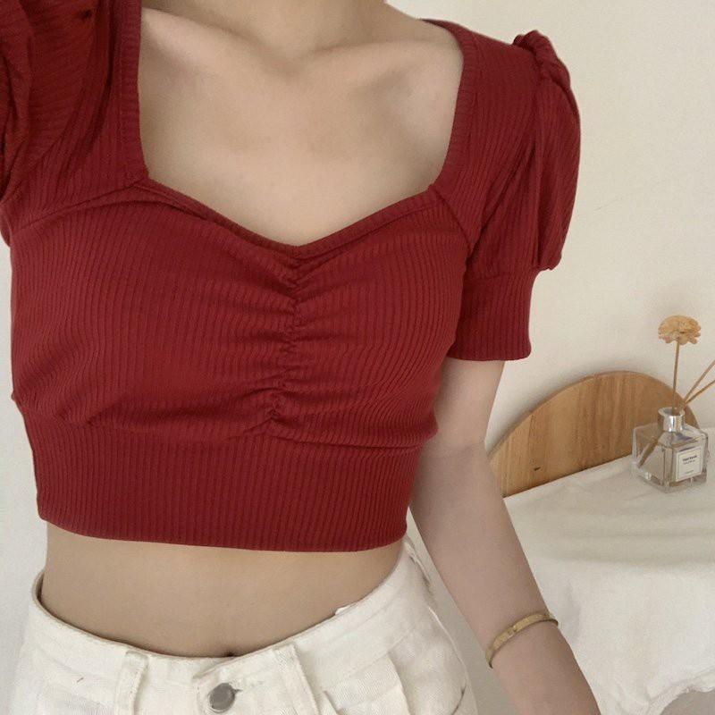 Áo Croptop Nữ Tay Ngắn Ôm Body SANMAY Áo Thun Croptop Tay Phồng Cổ Vuông Đẹp, Kiểu Ulzzang Sexy 5 Màu Đen Trắng AO012