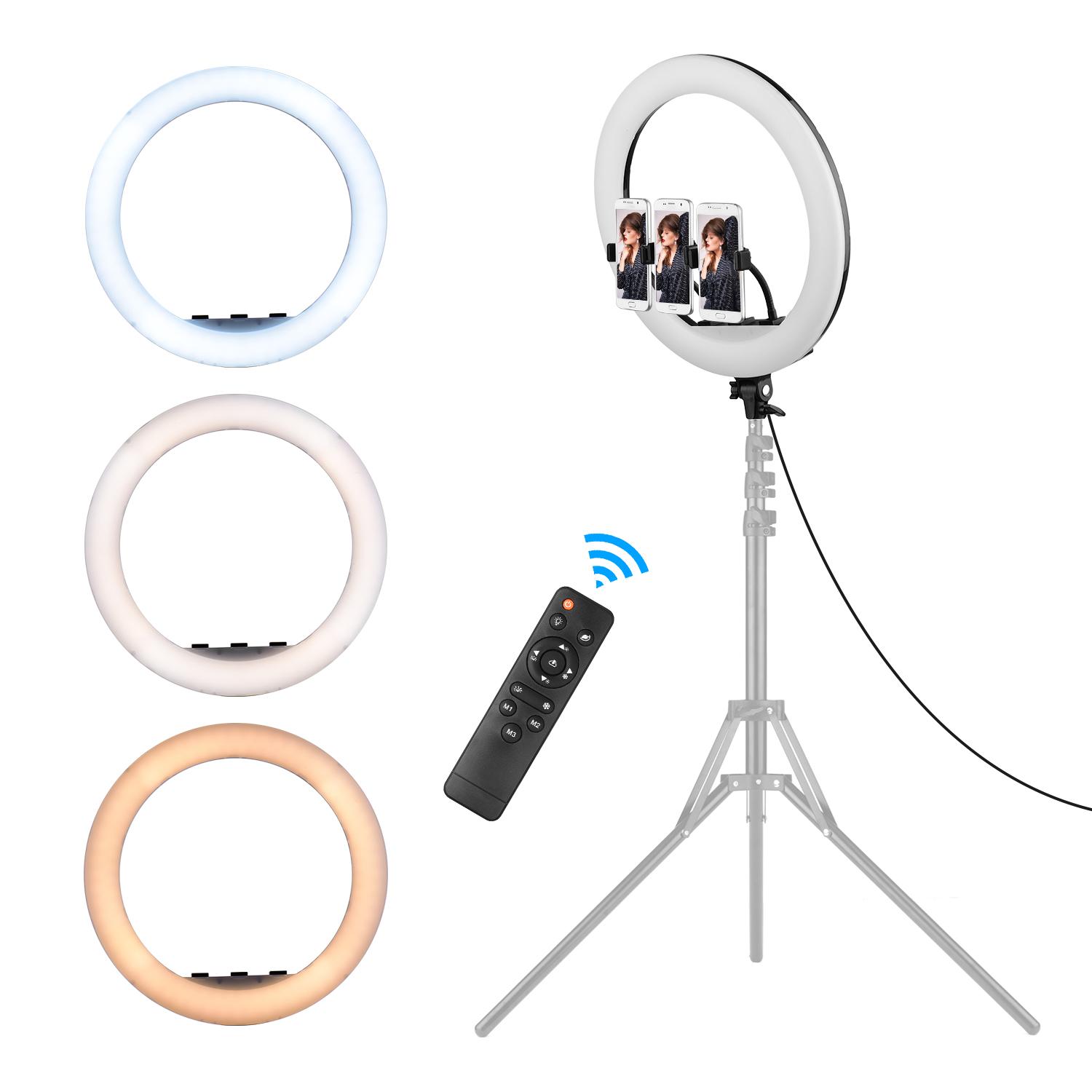 Bộ đèn chụp ảnh 18 inch LED Ring Light có thể điều chỉnh độ sáng vô cấp 2700K-6500K với 3 chiếc giá đỡ điện thoại Điều khiển từ xa - Đen