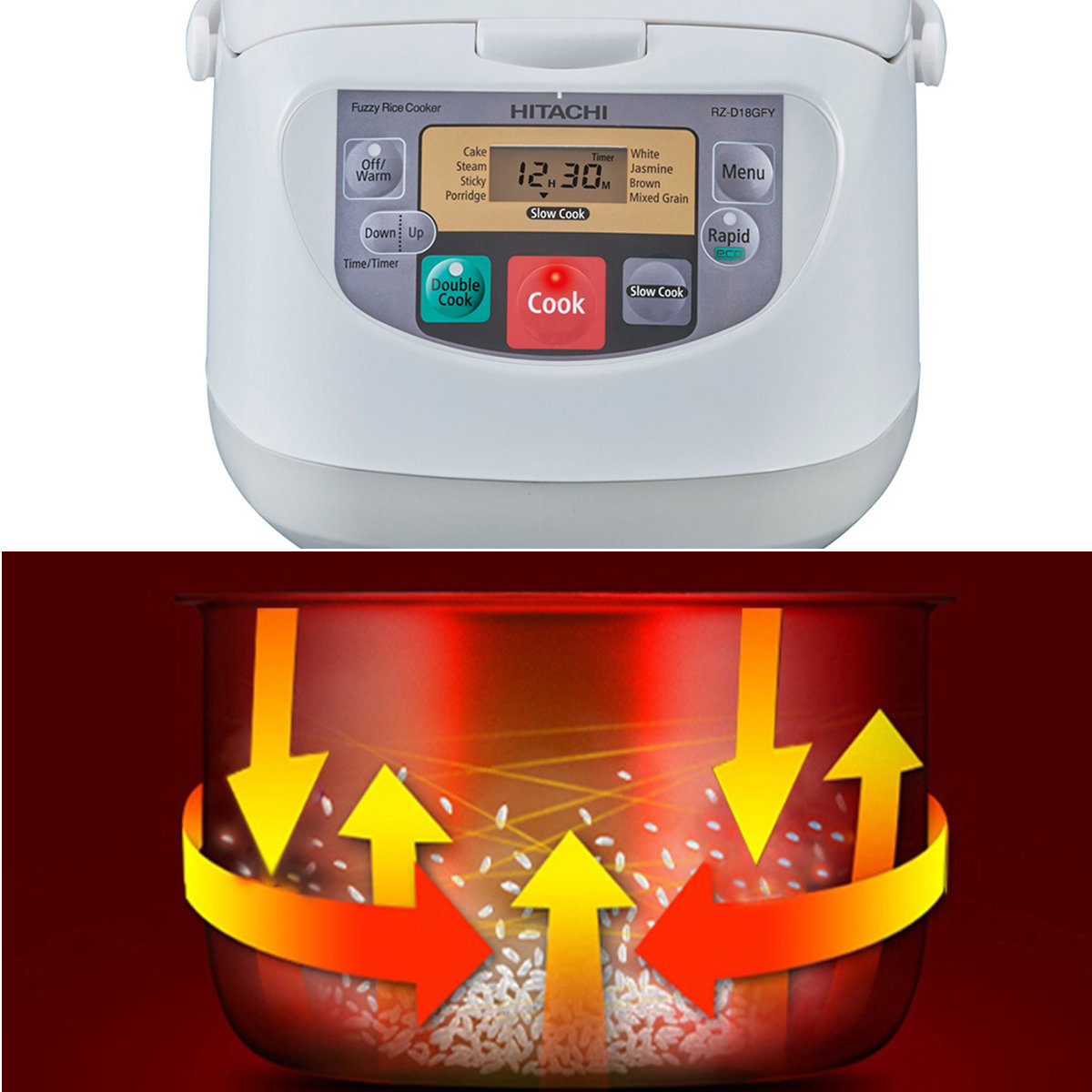 Nồi cơm điện tử 1.8L Hitachi RZ-D18GFY chế độ nấu Double Cook, sản xuất tại Thái Lan - Hàng chính hãng