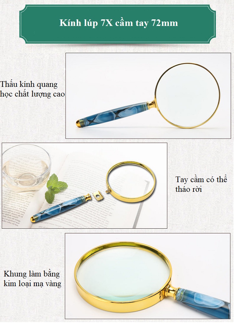 Kính lúp cầm tay thiết kế khung kim loại mạ tinh tế, sang trọng hỗ trợ soi vi mạch điện tử, phóng đại 7X