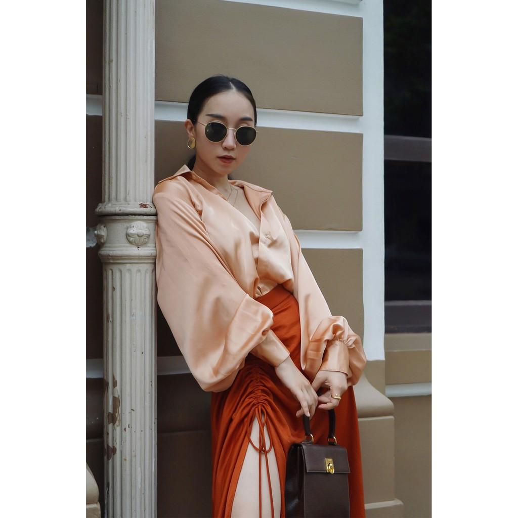 Oceana London - Áo sơ mi lụa tay phồng màu nude