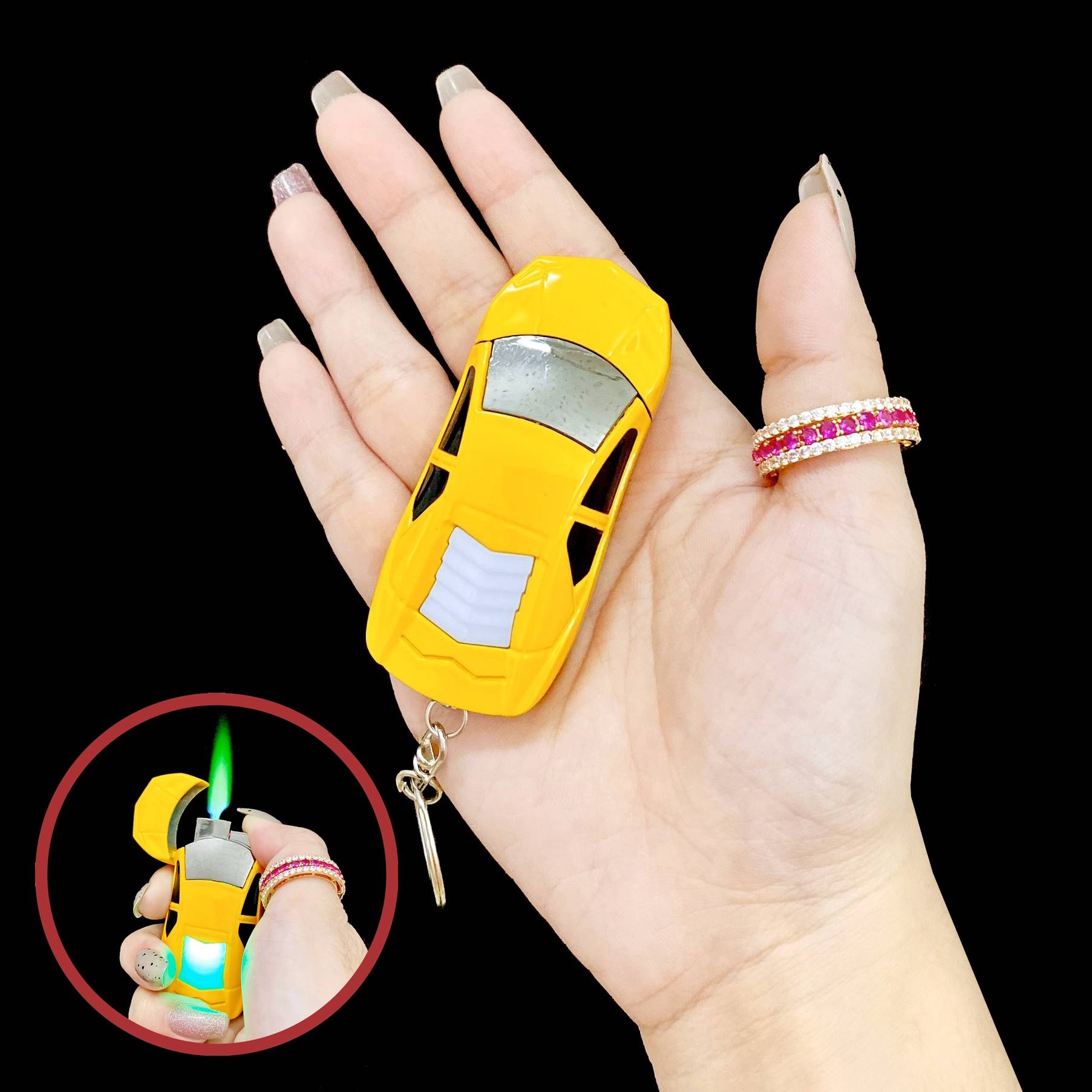 Hột quẹt bật lửa khè móc khóa hình chiếc xe hơi mini có đèn - xài gas