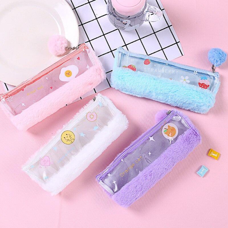 Pencil Box Stationery Bag Junior High School Student Simple Large Capacity Tide Pencil Box Cute Plush Pencil Bag Student