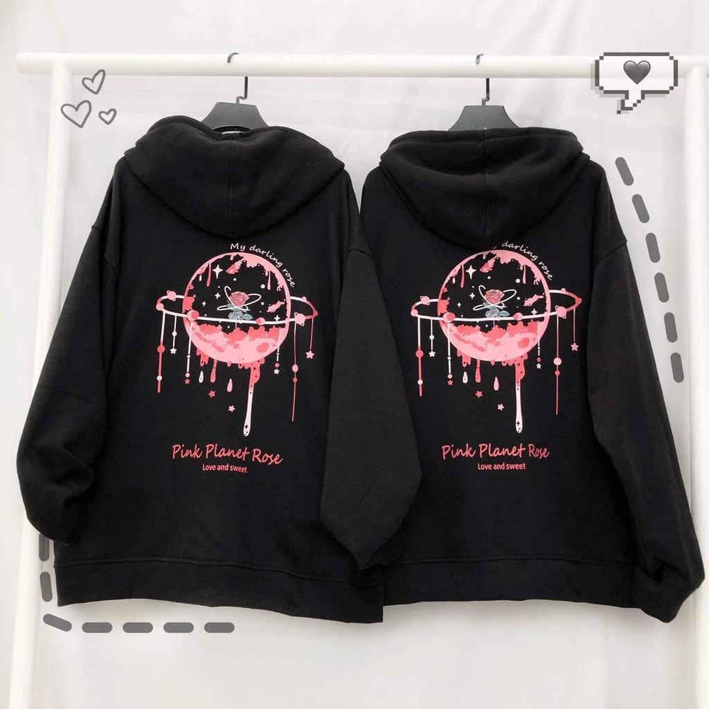 Áo Khoác Nỉ Bông PLANET ROSE Phối Dây Kéo Form Rộng Ulzzang