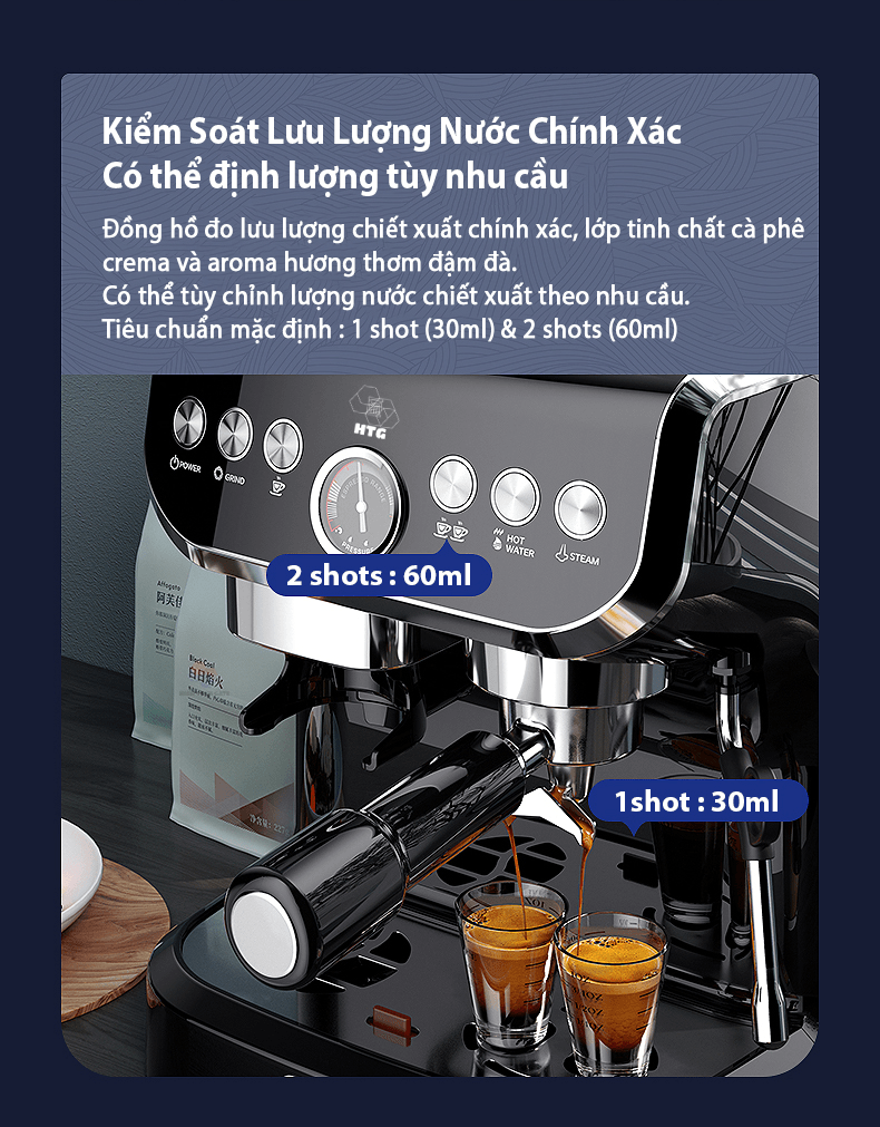 Máy pha cà phê Hitech CF07 tích hợp xay bột cà phê 15 mức, đánh bọt sữa, pha espresso 19 bar mạnh mẽ, 3 trong 1 tiện lợi, tặng kèm temper inox và vòng đệm xay, hàng chính hãng