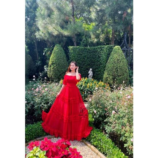 HOANGYEN - Fly Dress voan đỏ bẹt vai phối bèo