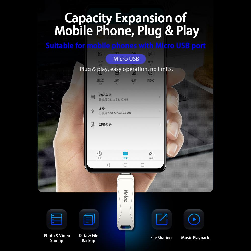 Ổ đĩa flash Plug & Play Netac U381 64GB Micro USB + USB Double Interface cho điện thoại di động mở rộng bộ nhớ U Disk