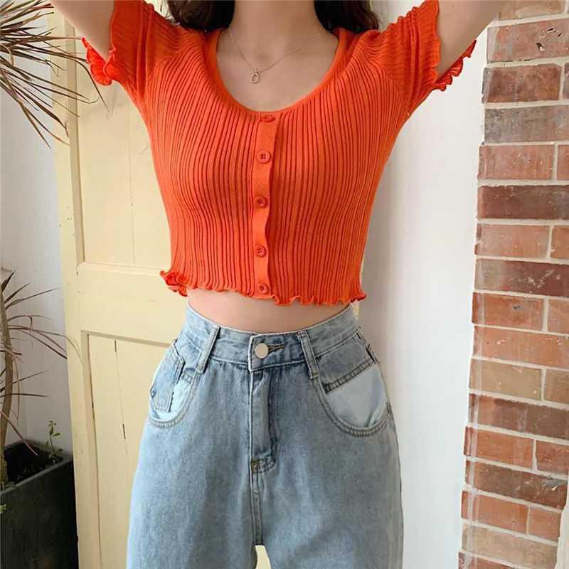 Áo thun len dệt tay ngắn cổ chữ O thời trang cho nữ